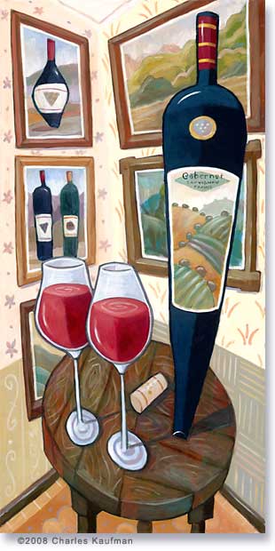 Charles Kaufman Wine Art, Cabernet Sauvignon and Two Glasses on a Table