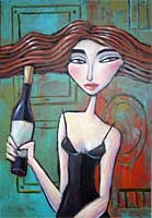 women,art,figurative,wine, vinyard, painting, bottle