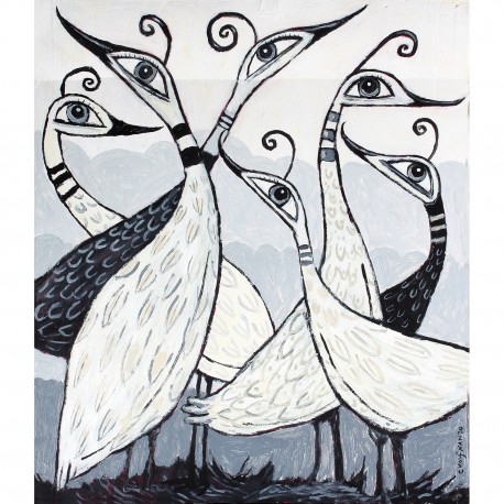 Giclée Print on Canvas: "Six Birds Standing in a Field"