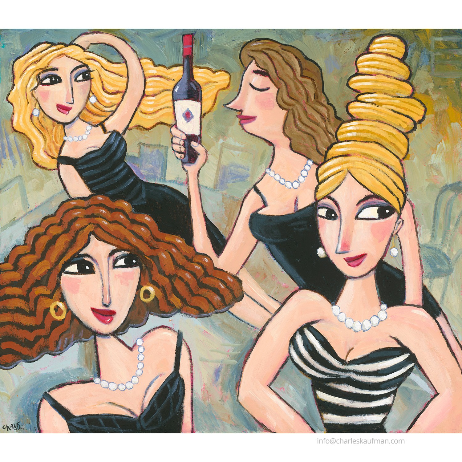Painting: “Four Friends and a Bottle of Wine” - Charles Kaufman Art Shop
