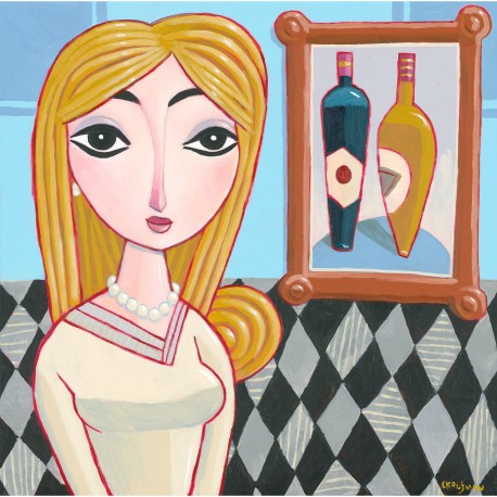 Giclée Print on Canvas: "Woman Next to a Painting with Two Wine Bottles""