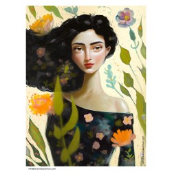 Giclée Print on Canvas: "Woman with Black Hair and Flowers"