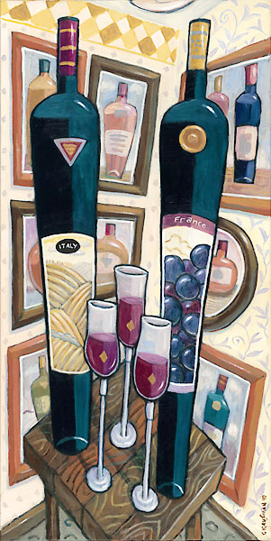 Charles Kaufman, Wine, Art,france,italy,bottle,glass, Italy and France - Two Red Wines