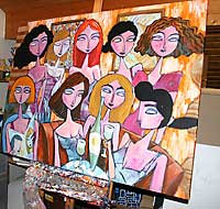 Art by Charles Kaufman - Painting: "Nine Women, One Bottle of Wine, Two Glasses"