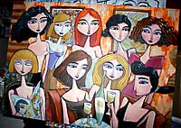 Art by Charles Kaufman - Painting: "Nine Women, One Bottle of Wine, Two Glasses"