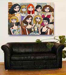 Art by Charles Kaufman - Painting: "Nine Women, One Bottle of Wine, Two Glasses"