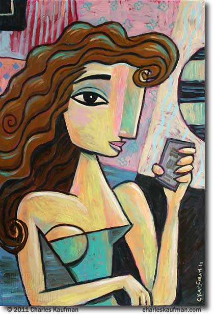 charles kaufman, painting, art,woman,figurative,cubist, "Woman with a Cell Phone" cubist portrait