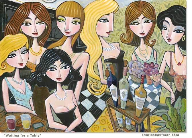 waiting for a table, figurative,wine,women,charles kaufman,art,painting